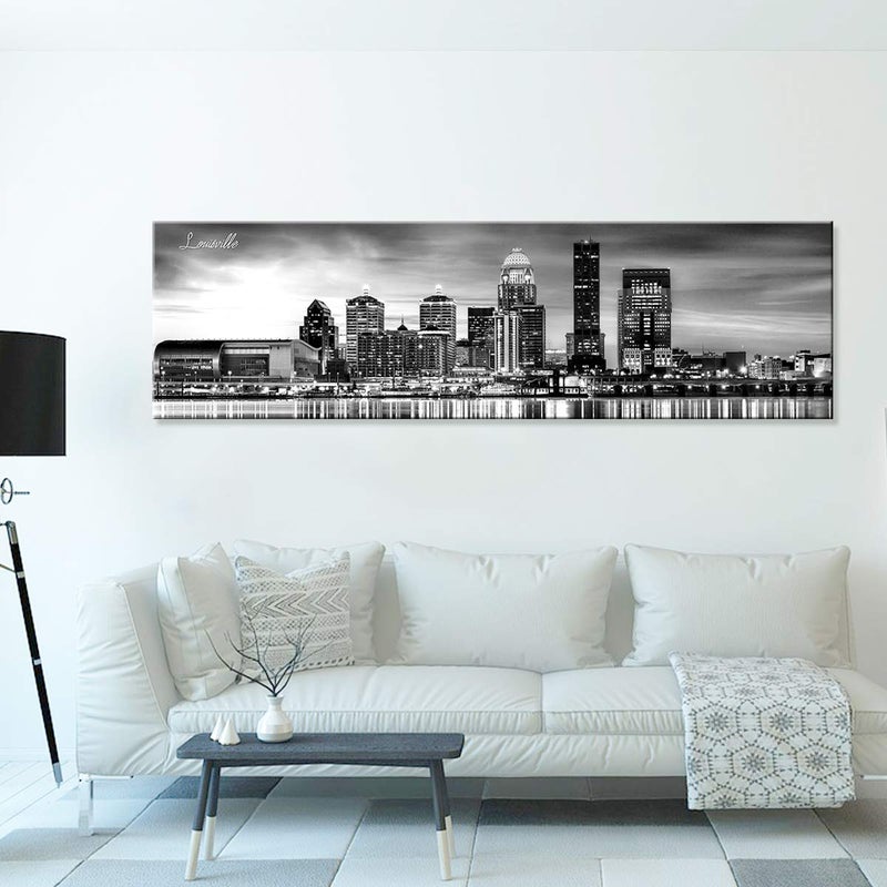 sunfrower Louisville Skyline Wall Art Kentucky Decor Black and White Cityscape Painting for Living Room Downtown Waterfront Park Panoramic Canvas Pictures Bedroom Kitchen Office Artwork Home Decorations 14x48" - Image 3